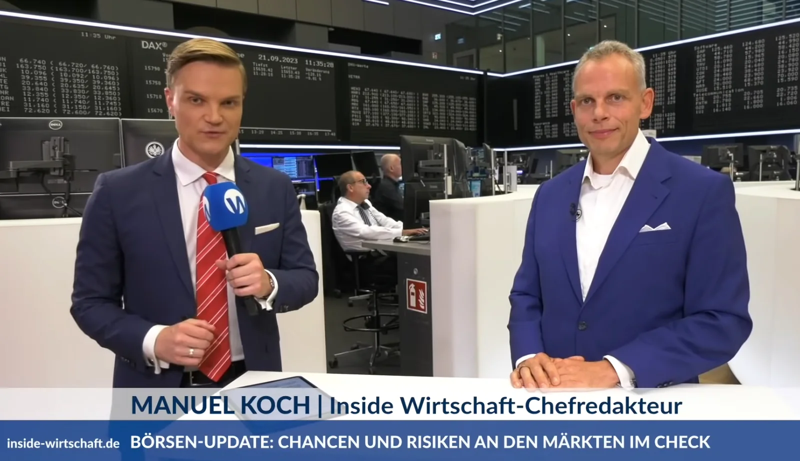 Mike Seidl im Experteninterview mit Manuel Koch, Inside Wirtschaft, auf dem Parkett der Frankfurter Börse, 21.09.2023