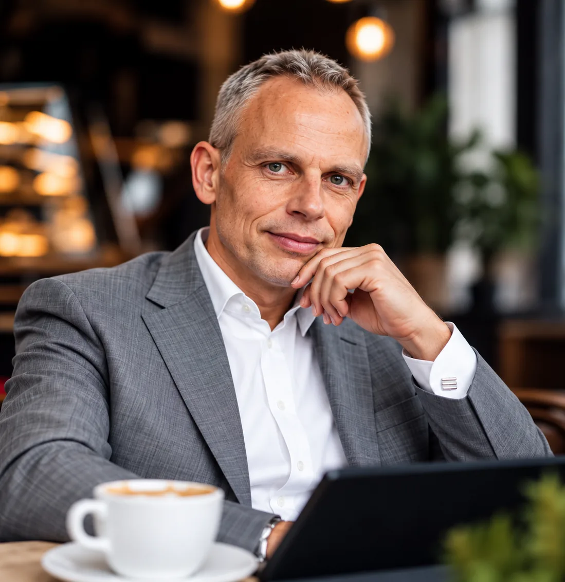 Mike Seidl im grauen Sakko mit Kaffee und Tablet