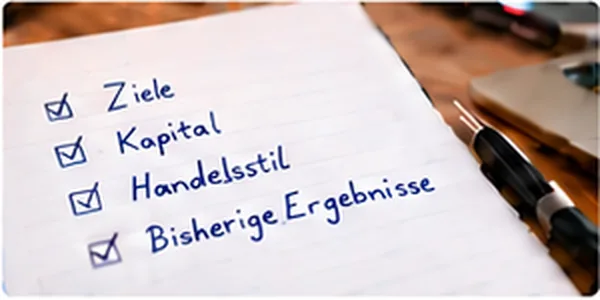 Notizbuch mit den Stichpunkten Ziele, Kapital, Handelsstil und bisherige Ergebnisse