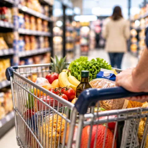 Voller Einkaufswagen im Supermarkt
