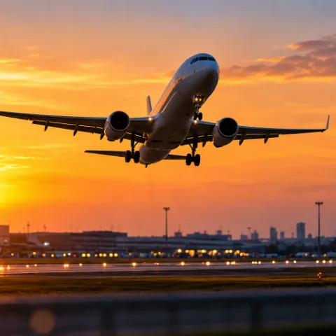 Startendes Flugzeug im Sonnenuntergang
