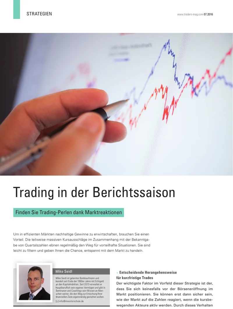 TRADERS' Magazin 07/2016, Artikel „Trading in der Berichtssaison“ von Mike Seidl